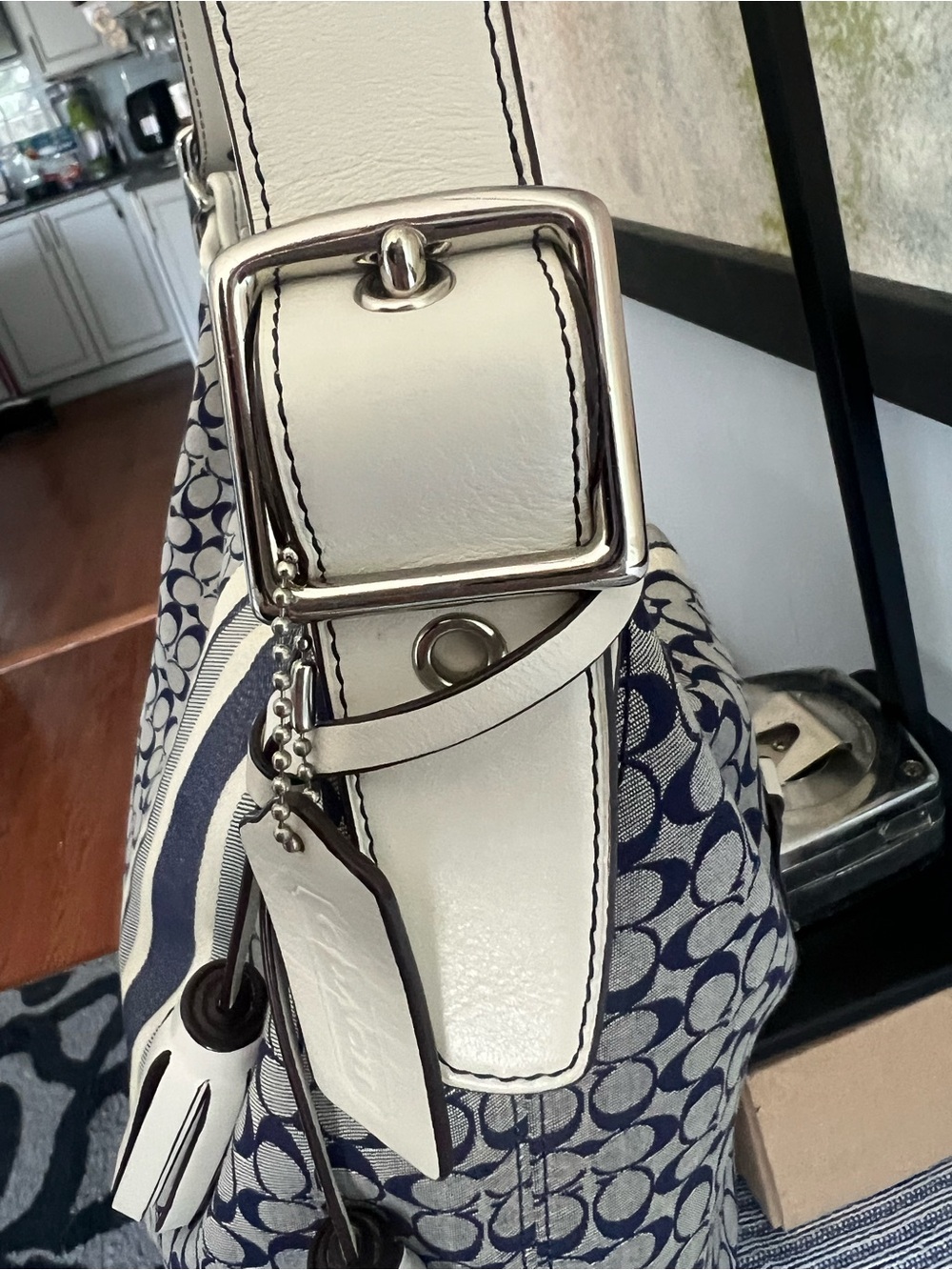 Coach Signature Canvas Stripe Hobo Duffle Bag in Navy and White - Picture 7 of 16
